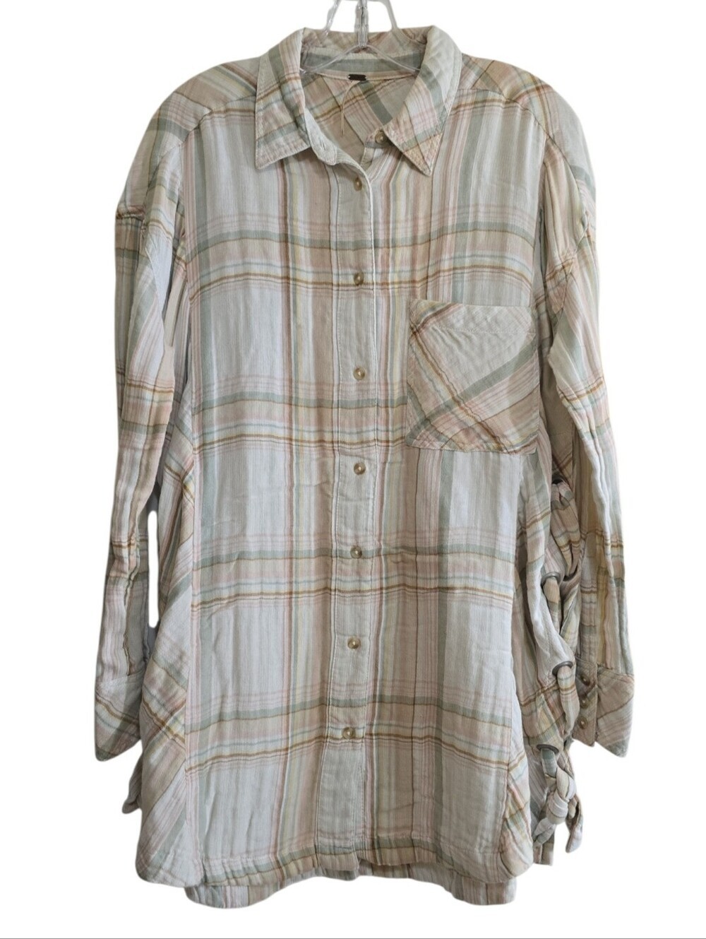 Free People Nordic Day Gauze Plaid Lace-up Side Tunic Top Small Cream Combo - Picture 4 of 10